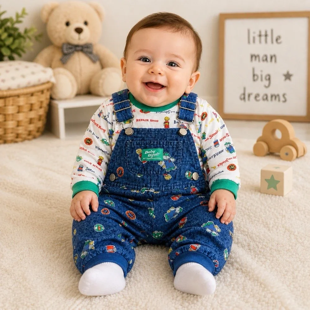 Rare Vintage 90's OshKosh Baby Vestbak Car Mechanic Overalls Set Sz 3-6 Mnths